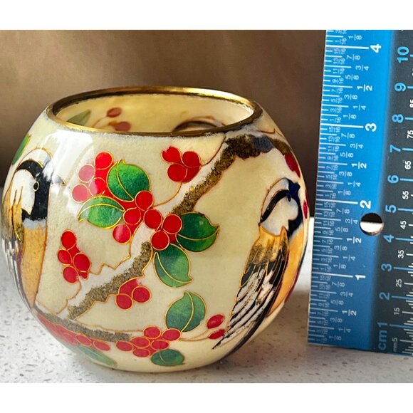 William Bill Yee Cloisonné Plique-a-Jour Bird & Berries Vase Candle Holder 4x3 - Picture 8 of 9